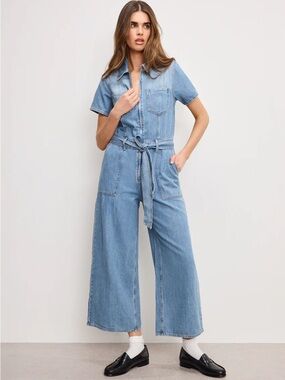 Good american Fit For Success Lite Linen Denim Cropped Jumpsuit